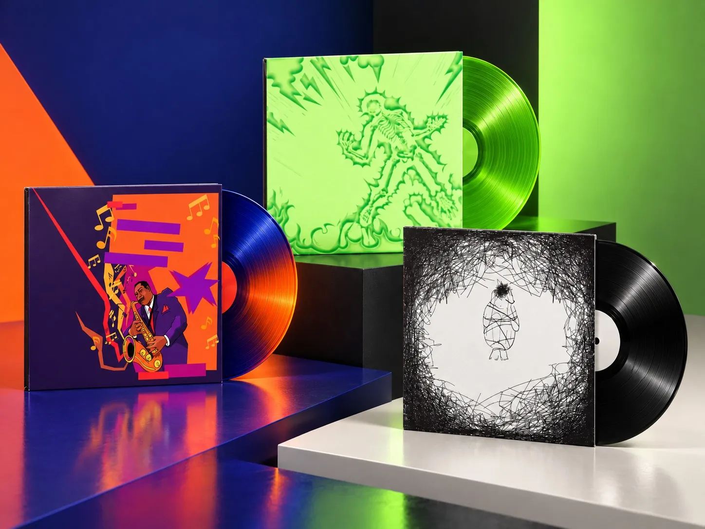 Trois vinyles, trois univers, pochettes de vinyle, illustration